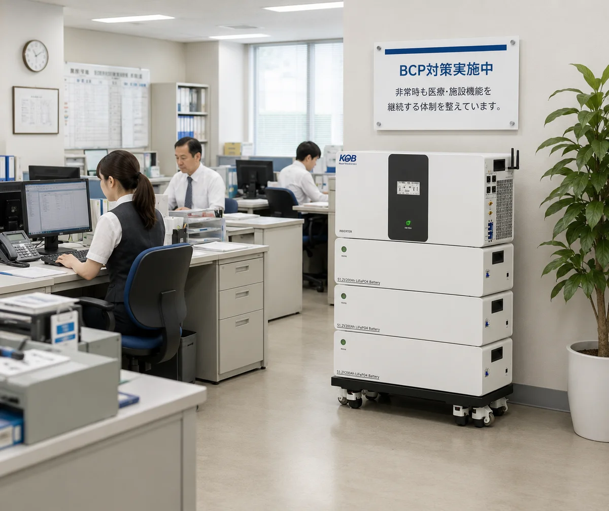 据置型蓄電池をナースステーション・事務所等に常設した使用イメージ